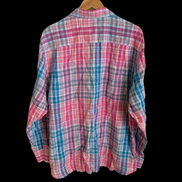 Tommy Bahama Mens XL 100% Linen Summer Plaid Button Up Shirt Blue Pink Preppy - Picture 2 of 6